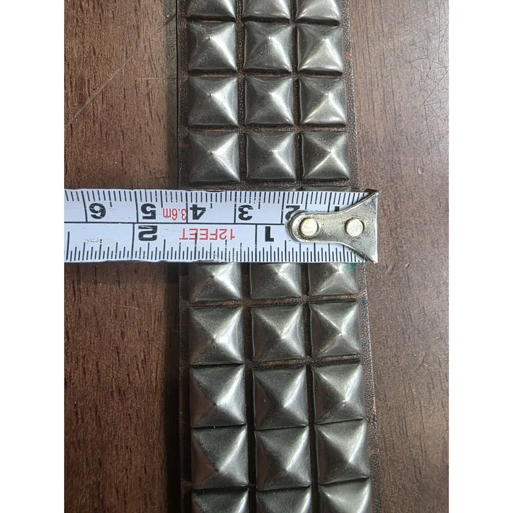 Distressed Brown Faux Leather 3-Row Silver Pyramid Studded Punk Belt